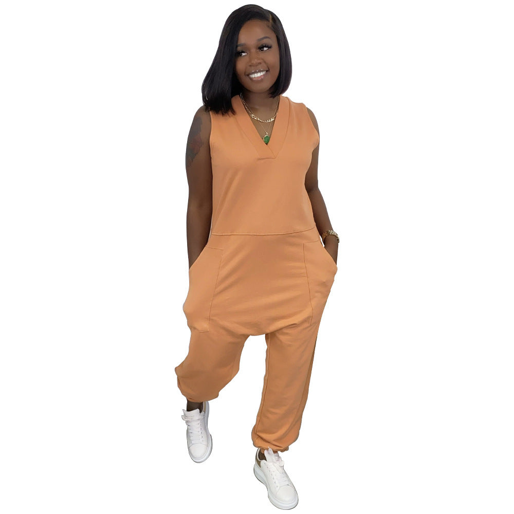 European And American Women's Clothing Pure Color Fashion Casual Street Wear Jumpsuit