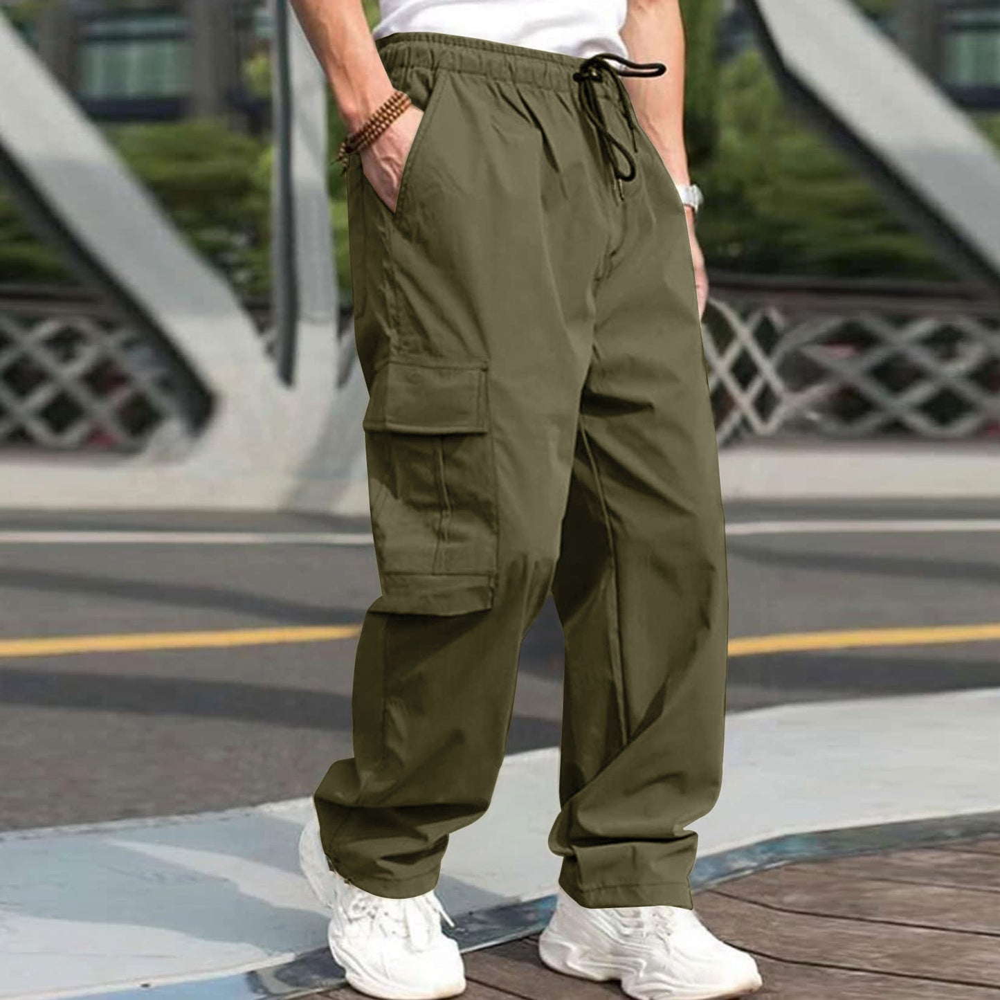 Casual Cargo Pants For Men Loose Straight Drawstring Waist Trousers With Pockets