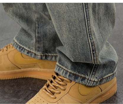 American Casual Yellow Mud Dyed Jeans Straight Loose