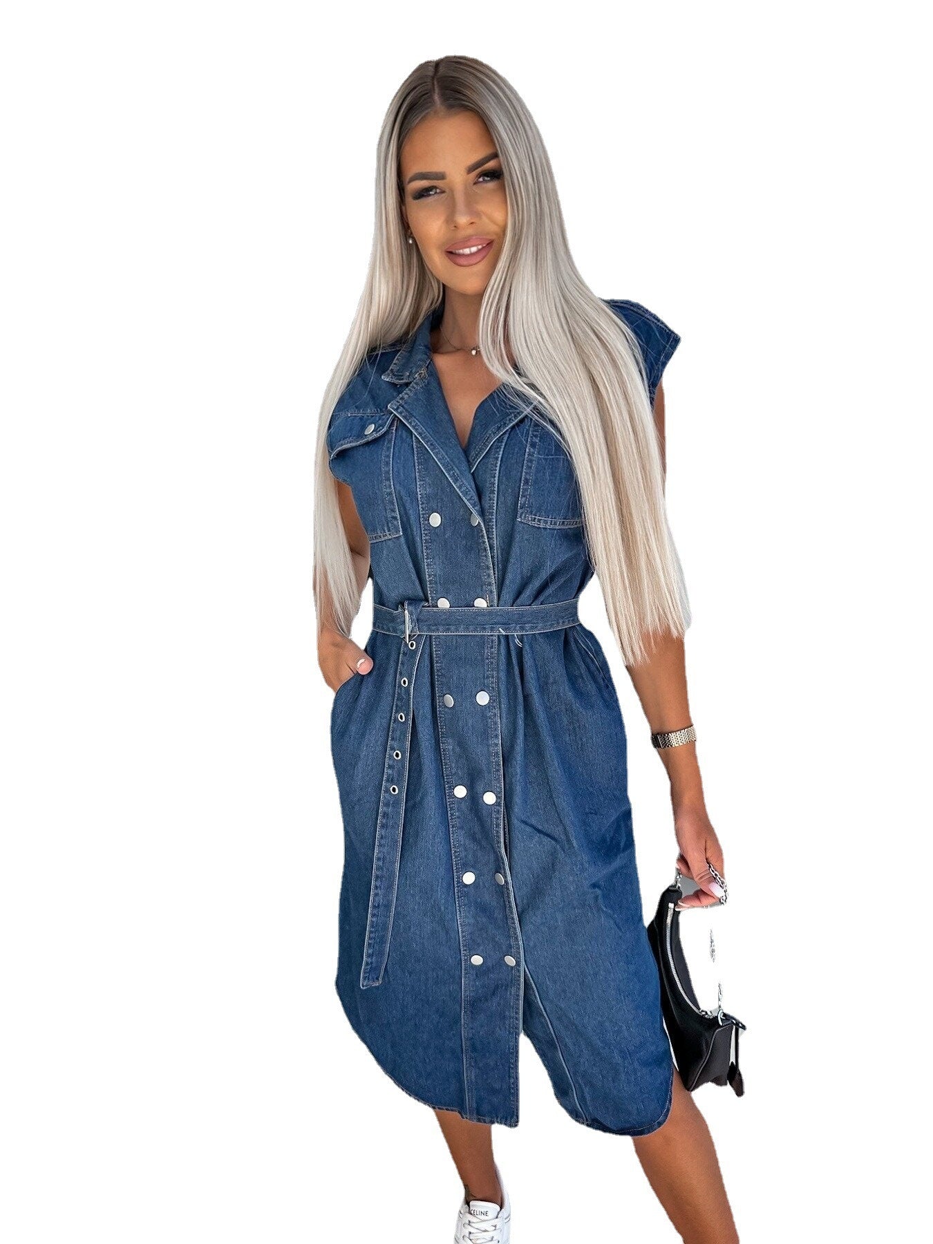 Casual Polo Collar Sleeveless Clinch Open Chest Waist-controlled Lace-up Denim Dress