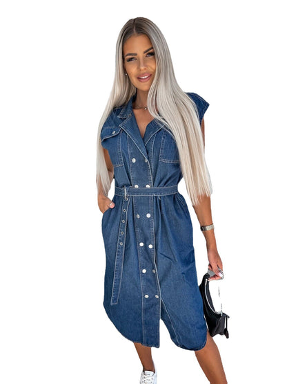 Casual Polo Collar Sleeveless Clinch Open Chest Waist-controlled Lace-up Denim Dress