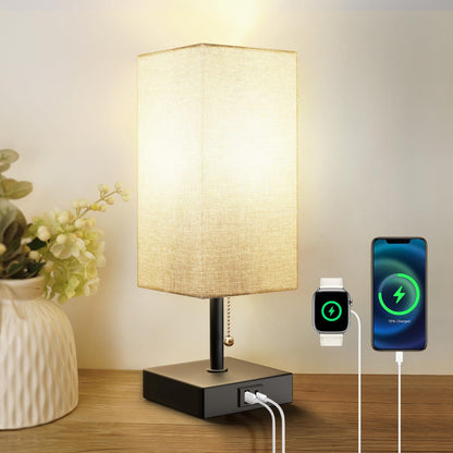 Bedside Table Lamp With 3 Levels Brightness Small Lamp With USB C & A Nightstand Lamp With Pull Chain Bedroom Lamp For Living Read Work