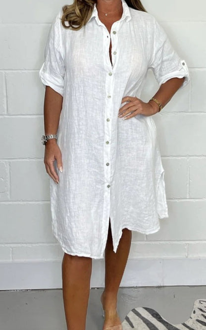 Loose Casual Half Sleeve Solid Color Cotton Linen Shirt Dress