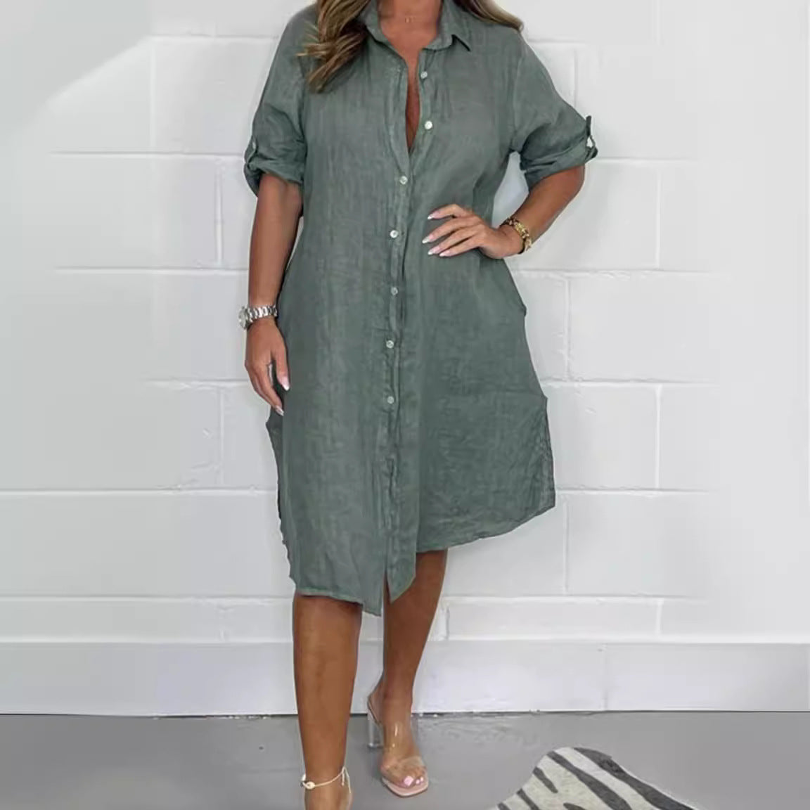 Loose Casual Half Sleeve Solid Color Cotton Linen Shirt Dress