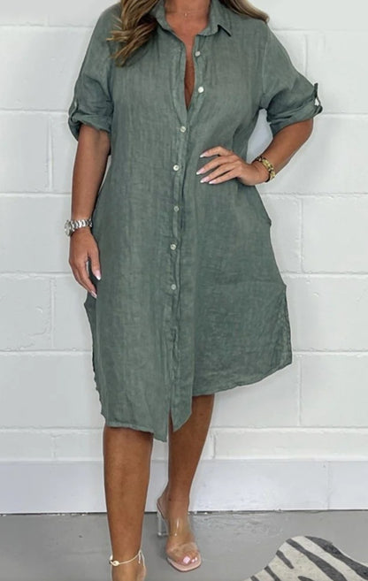 Loose Casual Half Sleeve Solid Color Cotton Linen Shirt Dress