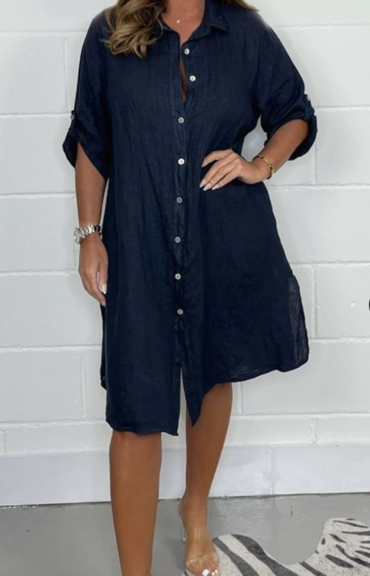 Loose Casual Half Sleeve Solid Color Cotton Linen Shirt Dress