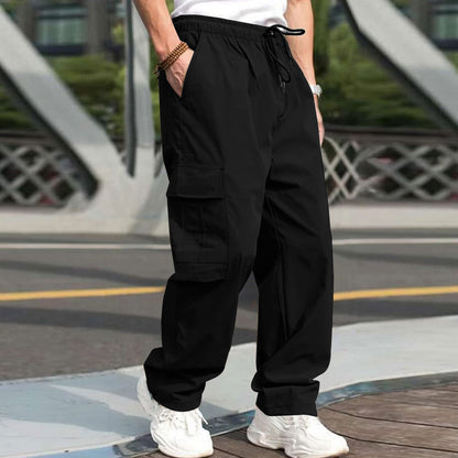 Casual Cargo Pants For Men Loose Straight Drawstring Waist Trousers With Pockets